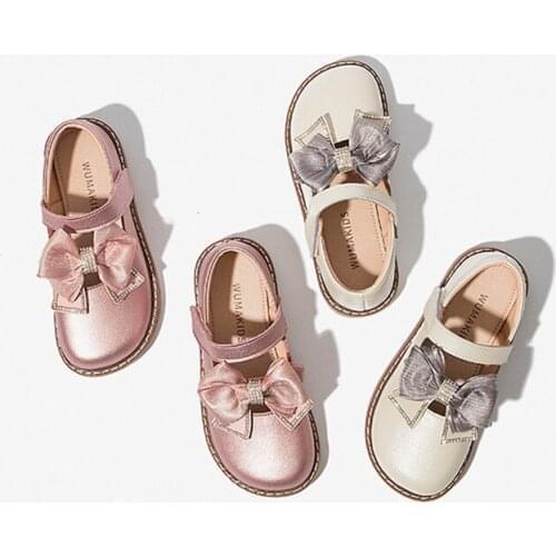 Princess Shoes for Girls 2021 Bow Knot Pink Beige England Style Velcro Leather Shoes Wearable Dress Up Shoes High Quality Pretty