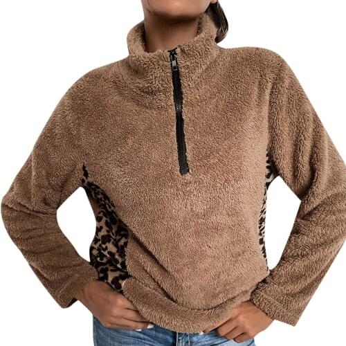 Plush Sweatshirts Streetwear Womens Leopard Patchwork Hoodies Casual Winter Fleece Long Sleeve Pullover Zipper Turtlenecks Tops
