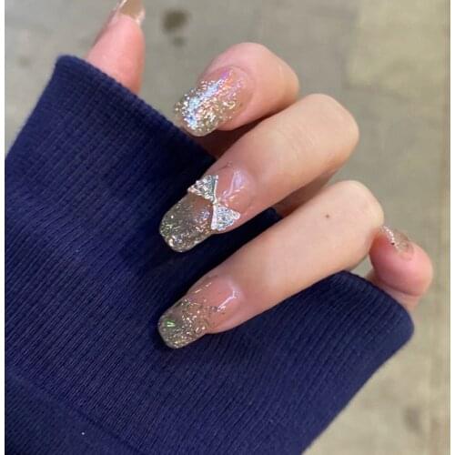 24 Pieces Kit Luxury Durable Jelly Gel Stick on Nail Bow-knot Diamond Glitter Long Square Fake Nails with Designs JP1590-B3