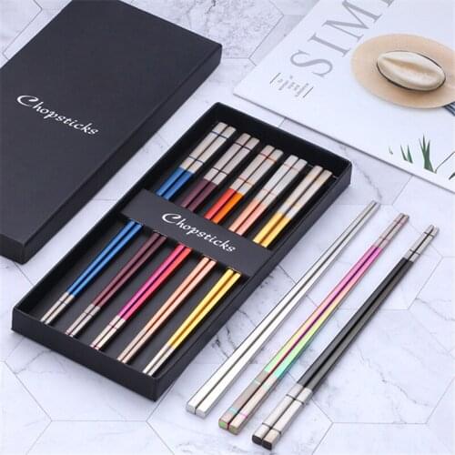5Pairs Japanese Style Stainless Steel Non-Slip Sushi Chopsticks Set With Black Gift Box Creative Tableware Set Kitchen Tools