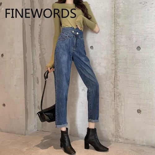 FINEWORDS Vintage Autumn Winter Harem Mom Jeans With Bag Korean Boyfriend Jeans For Women High Waist Loose Casual Denim Pants