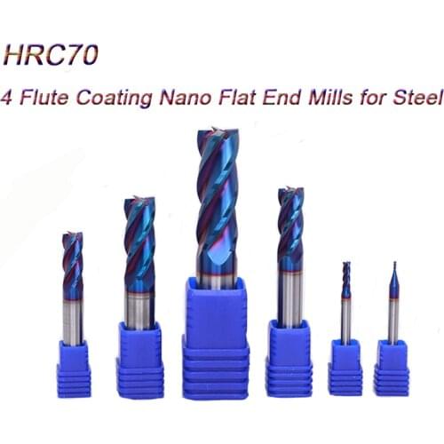 HRC65 Tungsten Steel Flat End Mills Coating Blue Nano CNC Tools Milling Cutter Solid Carbide Milling Bit 4 Flute Router Bits