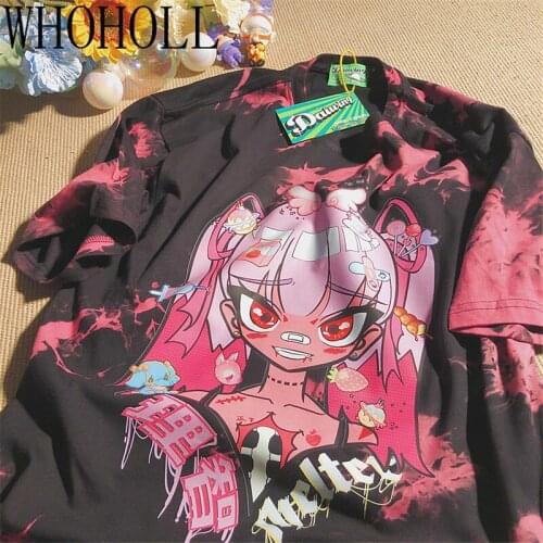 WHOHOLL Gothic ACG Cute Girl Print Short Sleeve T-shirt For Men And Women Lovers Loose Harajuku Half Sleeve T-shirt Animation JK