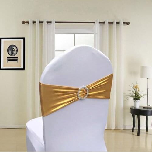 Hot 100pcs/lot Gold/Silver Metallic Color Spandex Chair Sash Band With Round Buckle For Hotel Banquet Wedding Party Decoration