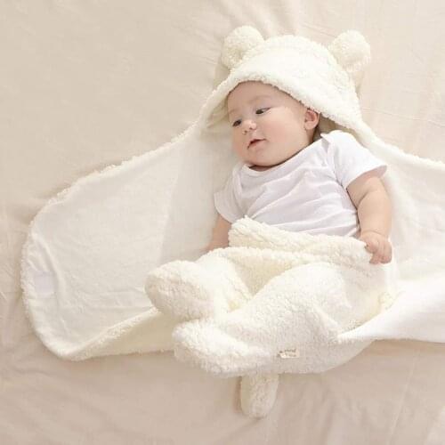 Newborn Cotton Plush Hooded Blanket Warm Soft Swaddle Sleeping Bag Stroller Wrap Clothes Sleeping Bags