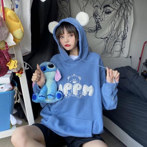 Deeptown Kawaii Hoodies Women Winter 2020 Fashion Print Sweatshirt Cute Long Sleeve Tops Loose Casual Splice Pullover Women
