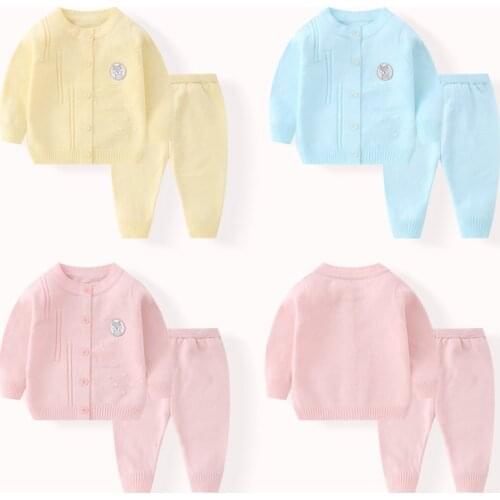 Infant Newborn Baby Clothes Girls Boys Spring Autumn Knitting Solid Clothes Sets Long Sleeve Jacket + Elastic Pants 2pcs Outfit