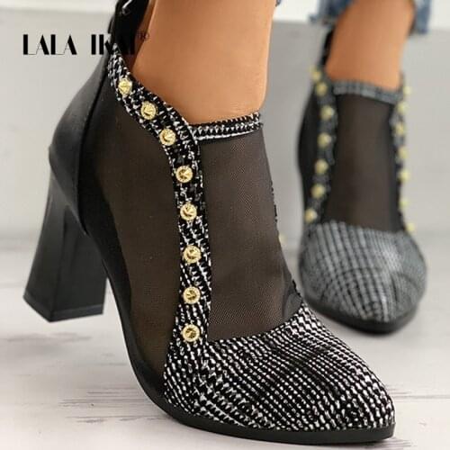 LALA IKAI Women Plaid Rivet Ankle Boots PU Net Yarn Boot Hollow Out Sandals Boots Fashion Female 2020 Autumn Winter XWC10372-4