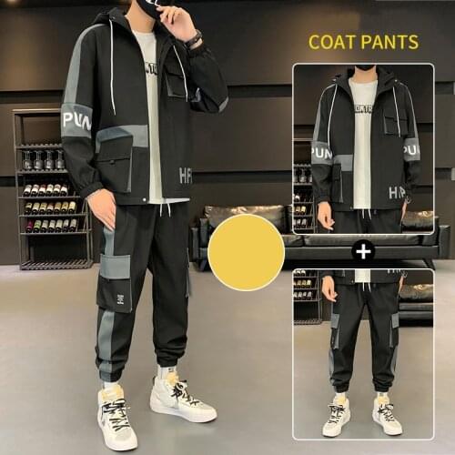 Mens Streetwear Cargo zipper Hooded Tracksuit 2 Pieces Sets Autumn Hip Hop Jackets And Loose Pants Running Man Sportswear Suit