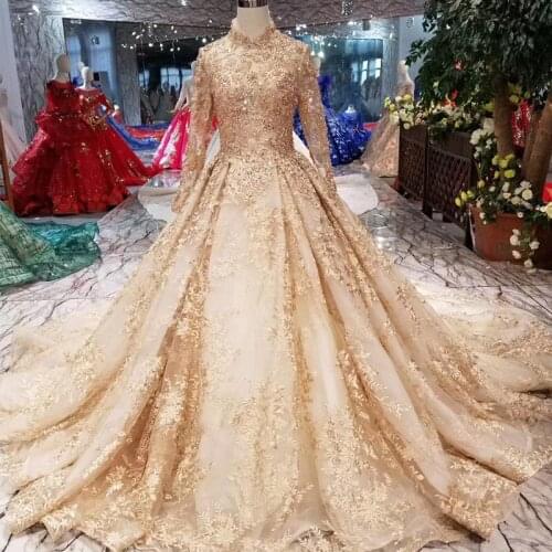 New Arrival Off Shoulder Long Tail Champagne Color Short Sleeves Can Be Customized Applique Bright Super Luxury Wedding Dress