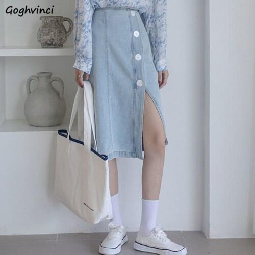 Solid Skirts Women A-line Denim Office Lady Casual Clothes with White Buttons Side-slit Elegant Ulzzang Slim Simple Summer Chic