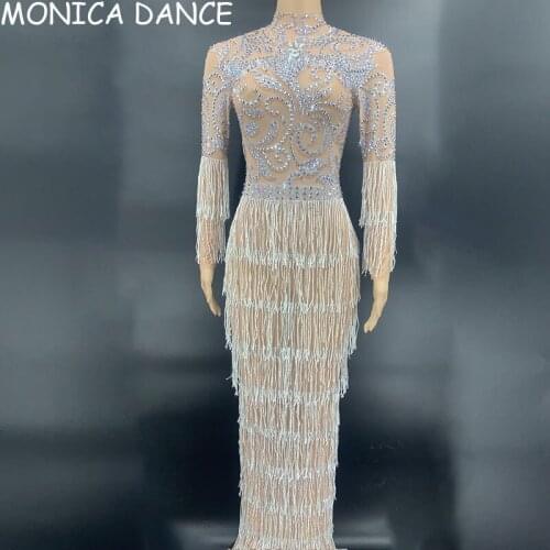 Sexy Stage Sparkly Silver Rhinestone Chains Transparent Long Dress Birthday Celebrate Sexy Tassels Dress Prom DJ Dancer Outfit