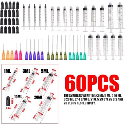 60pcs/set Plastic Measuring Syringe Pump 1/3/5/10/20ml Syringes With Blunt Tip Needles & Caps Industrial Use For Glue Oil Ink