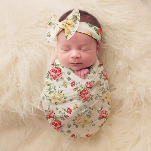 2 Pcs/set Baby Swaddle Wrap Cloth Bowknot Headband Set Newborn Photography Props Receiving Blanket Infant Floral Print Towel