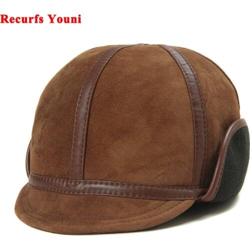 Winter Mens Soft Leather Short Brim Warm Bomber Hat Male Lightweight Suede Fur Caps With Earmuffs Windproof Lined Melon Chapeau