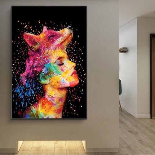 Modern Graffiti Art Girl with Fox on Head Abstract Canvas Paintings On the Wall Art Posters And Prints Nordic Art Pictures Decor