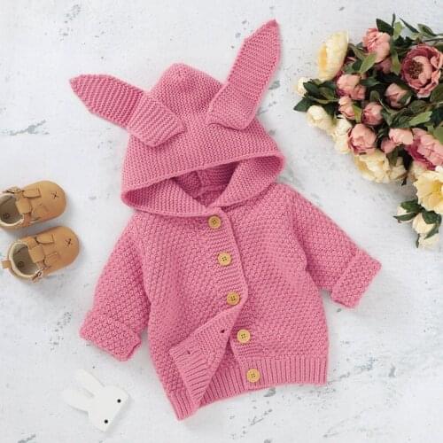2021 Baby Boy Girl Sweatshirt Autumn Children Kids Solid Print Knitted Ear Hoodie Sweater Casual Outerwear