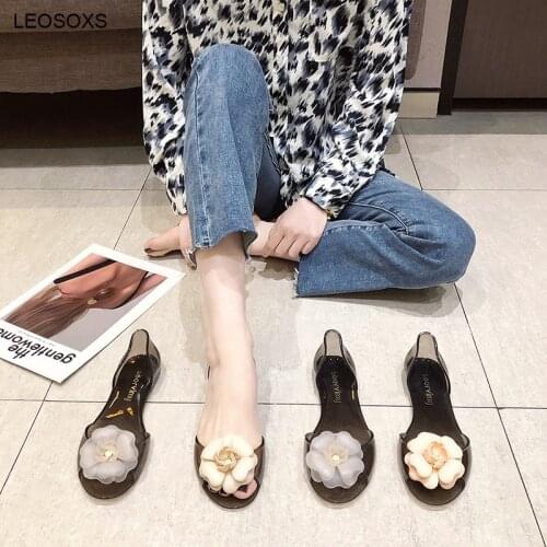 Jelly Shoes Womens 2021 Summer Fashion Holiday Beach Shoes Fish Mouth Flat Transparent Candy Flower Sandals Casual Lazy Shoes