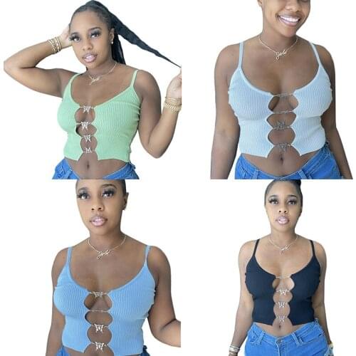 Women Cami Tank Top Butterfly Chain Shoulder Strap Solid Tank Top Fashion Sleeveless Square Neck Vest Top 2021 Summer