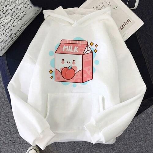 Peach Milk Print Hoodie Sudaderas Harajuku Aesthetic White Top Hoodies Women 2021 Winter Korea Fashion Y2k Streetwear Sweatshirt