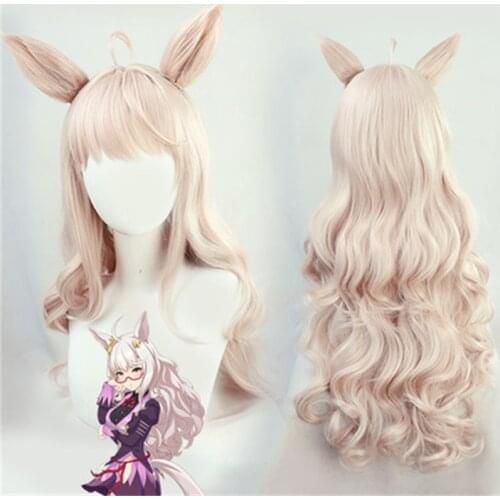 Umamusume Pretty Derby Biwa Hayahide Cosplay Pink Wig With Ears Women Long Curly Wigs Hallowen Party Cosplay