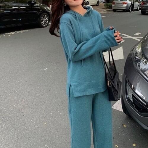 Chic 2 Pieces Women Sets 2021 Autumn Winter Loose Casual Hooded Sweater Sets Female Knitted Pants Suits Tracksuits Outfits WS294
