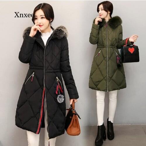 Winter Warm Slim Jacket Down Cotton Coat Women New Elegant Mid-Length Hooded Fur Collar Outerwear Loose Thicken Female Coats