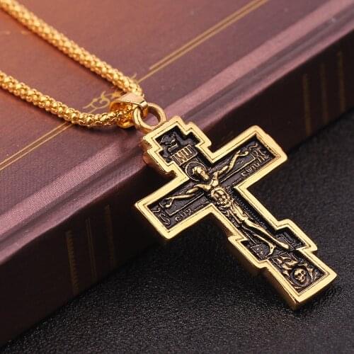 Golden Jesus Pendant Necklace Stainless Steel Cross Chain Heavy Mens Jewelry Gift Religious Christian Jewelry Trend Fashion