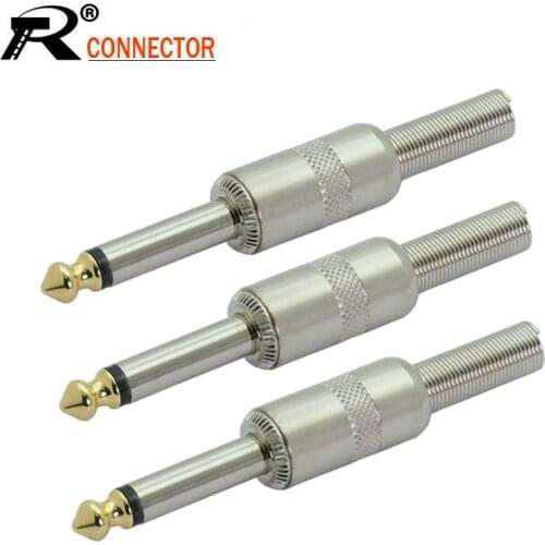 10pcs/lot 1/4 inch Plug Jack 6.35mm Mono Male Connector With Spring Tail Gold Plated Guitar Effects Pedal Microphone Connector