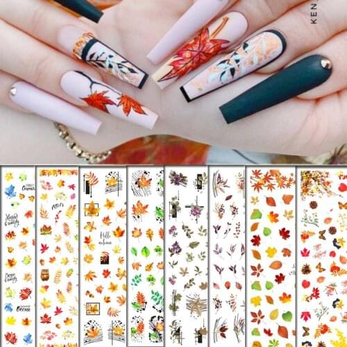 2pcs Autumn Leaf 3D Nail Sticker Coconut Tree Leaf Pattern Adhesive Transfer Sticker Shiny DIY Nail Decoration Supplies