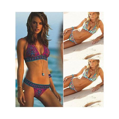 2pcs Swim Set Sexy Womens Ethnic Style Print Bandage Belt Bikini Push-up Padded Bra Swimsuit Bathing Suit Swimwear Beachwear