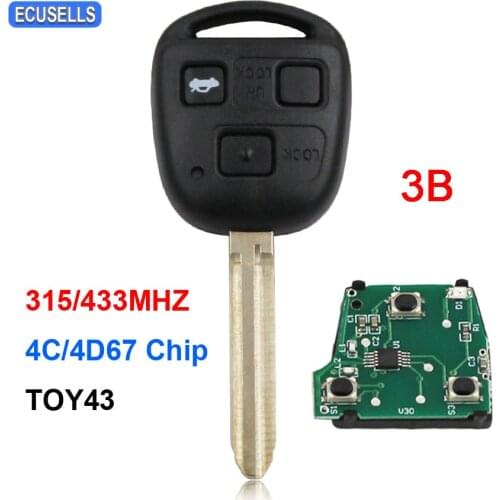 3 Button Remote Key Smart Car Key Fob 315MHZ or 433MHZ with 4C / 4D67 Chip For Toyota Camry Prado Corolla TOY43 Uncut Blade