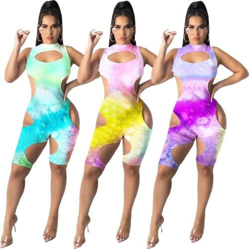 Adogirl Woman tie-dyed Playsuit Woman Stand Neck Sleeveless Hollow Out High Street Wear Bodycon One Piece Overalls S-XXL
