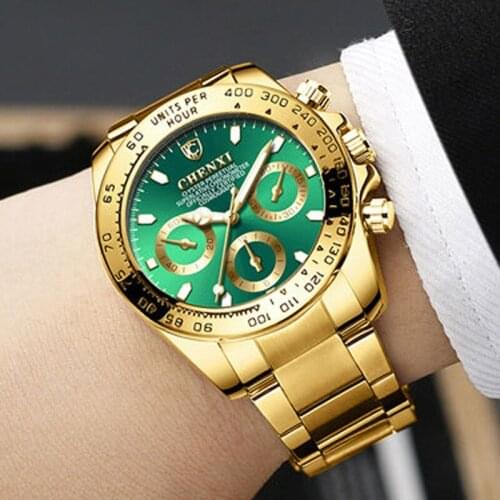 Chenxi Top Brand Luxury Watch Men Gold Watches Green Face Stainless Steel Quartz Wristwatches Men Business Watches Reloj Hombre