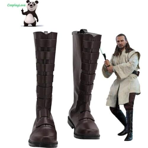 CosplayLove SW Qui-Gon Jinn Brown Shoes Cosplay Long Boots Leather Custom Made For Halloween Christmas