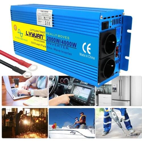 4000Watt Peak LCD Display Europe Socket Pure sine wave Power Inverter outing/Home DC12V to AC 220V Double Socket brand Inverter