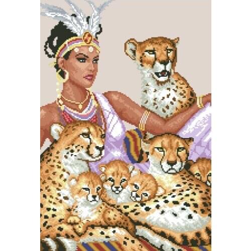 Indian Lady Woman Queen and Leopards Cub Embroidery Needlework 14CT Unprinted Cross Stitch Kits DIY Handmade Art Home Decor