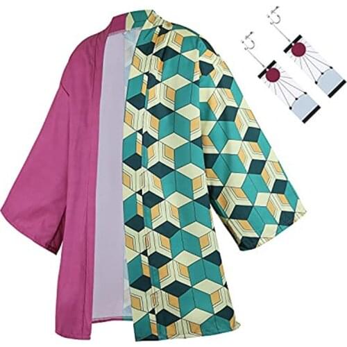 Demon Slayer Kimetsu No Yaiba Kimono Cosplay Costume Kamado Tanjirou Anime 3D Printing Tops Earring Set Cloaks Haori Halloween
