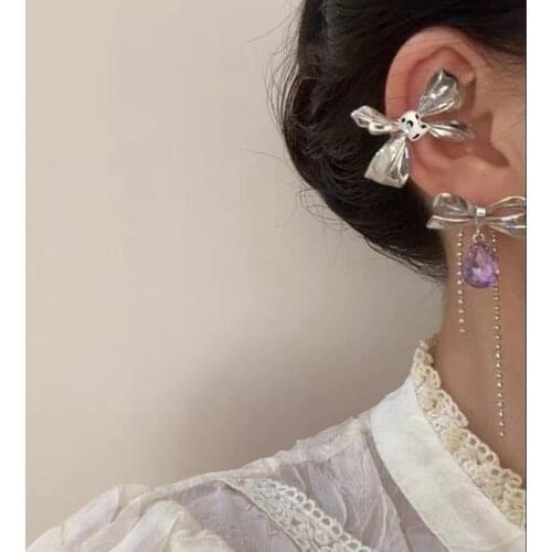Trendy Korean Metal Bowknot Tassel Dangle Earrings for Women Waterdrop Luxury Purple Shiny Crystal Ear Weddings Party Jewelry