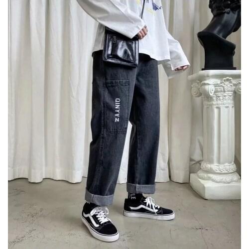 Men Jeans Pants Straight Leg Youngster Elastic Drawstring Waistband Youthful shalwar Boy Casual Slacks Wide Leg baggy pants Blue