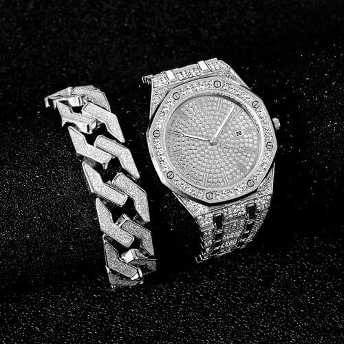 Watch Bracelet for Men 2pcs/set Cuban Chain Charm Bracelet Iced Out Watch for Men Simple Diamond Gold Men Watch Set Jewelry Gift