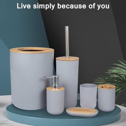 Toilet Set Toilet Brush Toothbrush Cup Set Rubbish Bin Soap Box Soap Liquid Bottle Rubbish Bin Soap Box Bamboo 6pcs