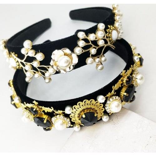 Velvet Pearl Crown Handmade Hair Band,Rhinestones For Hair Princess Tiara,Hair Band Comfortable Headbands For Women Hair Hoop