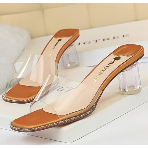BIGTREE Shoes New Womens Slippers Transparent Pvc Slides Square Head Open Toe Slippers Sandals Summer Crystal Heel Women Slides
