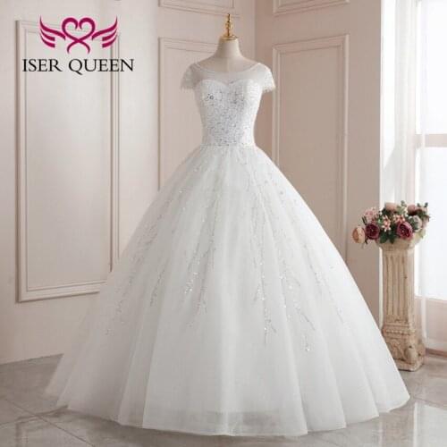 Sheer Neck Short Sleeves Wedding Dress Crystal Pearls Sequin Beaded Bright Ball Gown Princess Wedding Dresses WX0207