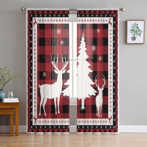 Christmas Black Red Plaid Elk Snowflake Chiffon Tulle Curtains for Living Room Kitchen Bedroom Sheer Voile Yarn Window Treatment