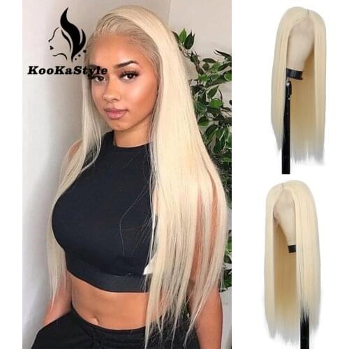 KOOKASTYLE Synthetic Wig Long Straight Wigs Blonde Lace Front Wigs for women Middle Part Red/White Color for Cosplay Party