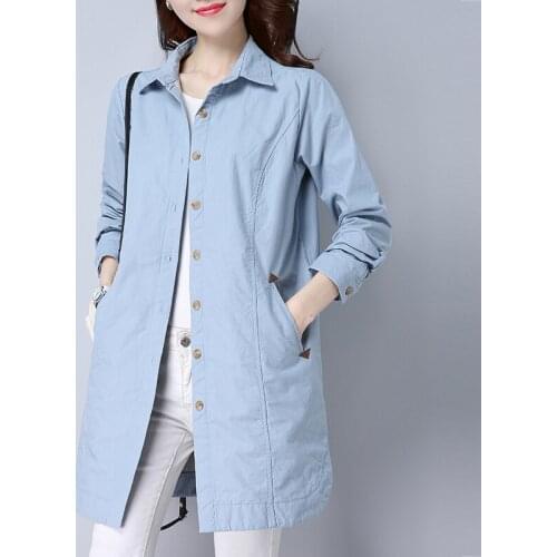Solid color Female Windbreaker 2021 Spring Autumn New Loose Pocket Cotton Long-sleeved Coat casual Womens Thin Outwear Tops