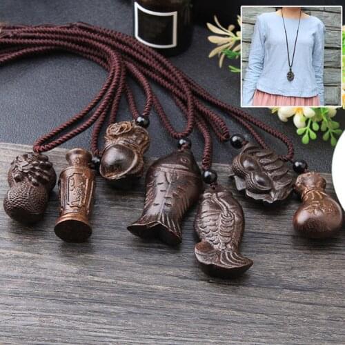 Vintage Ethnic Handmade Wood Carving Fish Pendant Necklaces Women Men Adjustable Long Rope Chain Sweater Necklace Gift