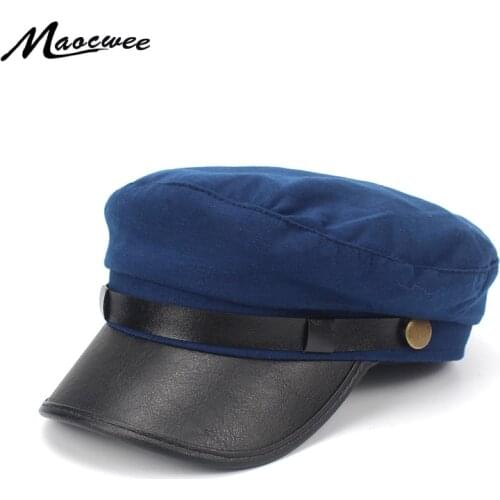 Women PU Leather Military Hats Autumn Winter Vintage Black PU Leather Army Cap Fashion Sailor Ship Boat Captain wholesale 2018